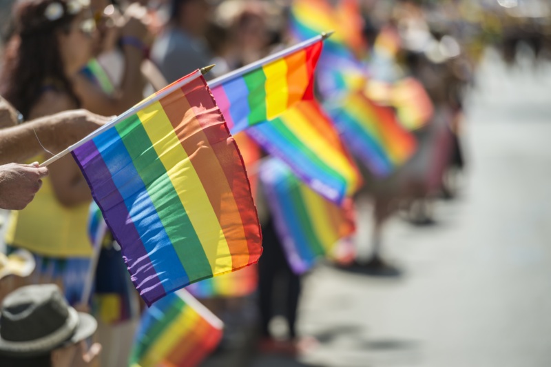 Crowd waving rainbow Pride flags during a public LGBTQ+ event or parade.